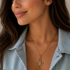 Colar Dourado Corrente Cartier com Pingente Cruz com Aparecida - Ref 2547